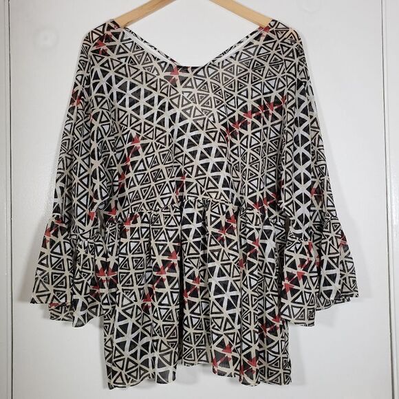 BCBGeneration Geometric Print Sheer Bell Sleeve Peplum Blouse Size L - Picture 1 of 6